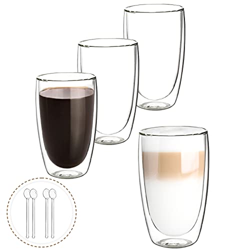 Vasos de Café de Doble Pared Juego de 4-400ml Vasos de Vidrio Borosilicato para Té, Latte, Leche, Cappuccino, Jugo - 4 Cuchara de Vidrio Gratis
