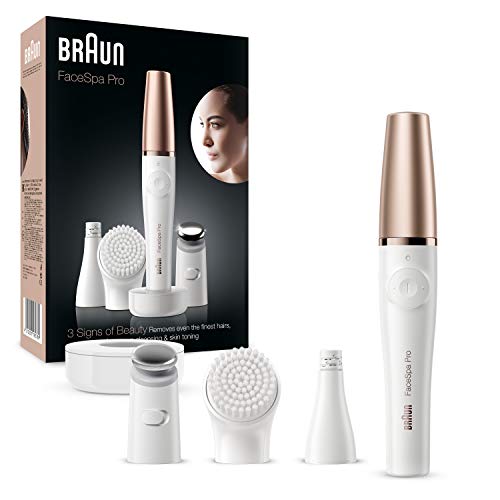 Braun - FaceSpa Pro 912 - Depiladora facial, limpiadora y sistema de tonificación de la piel, 3 en 1, con 3 accesorios, color blanco y bronce
