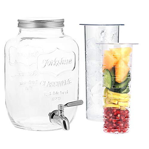 Navaris Dispensador de bebidas con grifo - Recipiente de cristal de 4 L - Bidón de vidrio con dosificador de metal - Garrafa de agua con 2x filtro