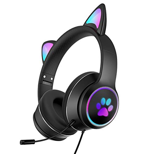 Yius Auriculares para orejas de gato, RGB auriculares inalámbricos para orejas de gato Bluetooth 3.5 con luz LED | Auriculares de juego estéreo plegables con cancelación de ruido y micrófono (negro)