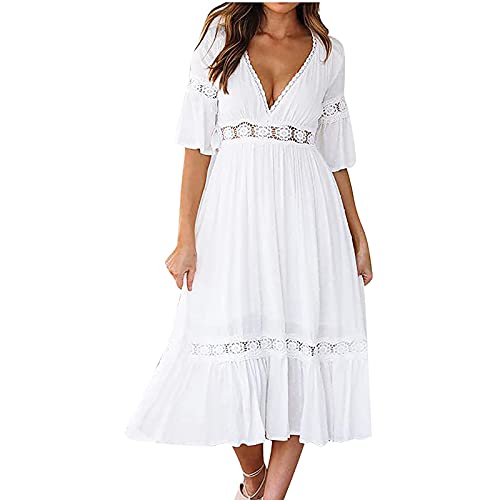 Nuevo 2021 Vestidos largo para Mujer, Elegante Vestido de Novia Blanco Vestidos de Boda del cordón Fiesta Vestidos Gasa Vestido de Cóctel de Noche Moda Suelto Vestidos Sexys Cuello en v Vestidos