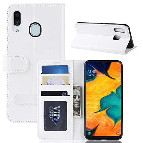 Funda Movil para Samsung A20 A205F Carcasa Cuero PU Silicona Magnetic Wallet Protector Teléfono Flip Cover For Samsung Galaxy A30 Tapa con Soporte (Blanco)