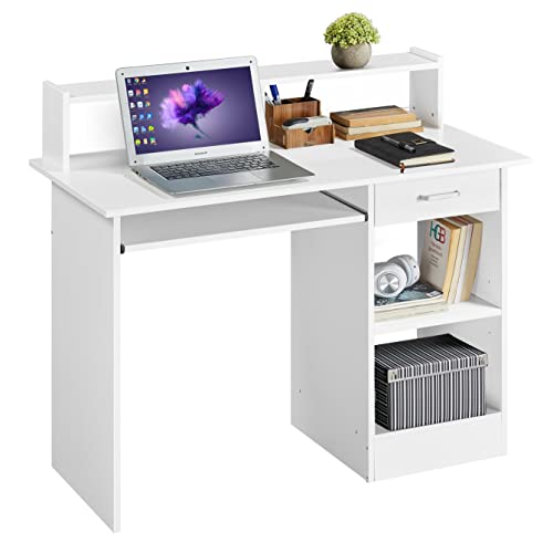 Yaheetech Escritorio Blanco con Cajones 106x50x94cm Mesa de Ordenador con Soporte de Monitor Mesa Escritorio PC para Despacho Oficina