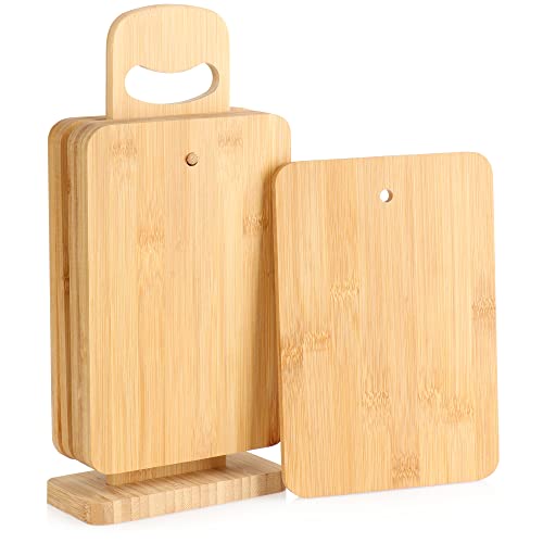 com-four® Juego de tablas de cortar de bambú de 7 piezas - Tablas de desayuno con soporte para tablas - Platos pequeños para servir sostenibles - Tablas para pan con soporte (7 partes - bambú)