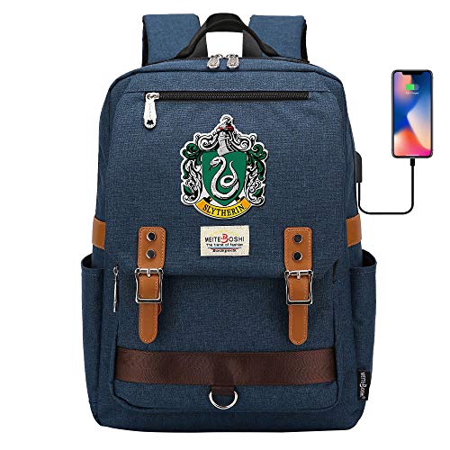 JIJOZN Hogwarts Slytherin College Mochila, Harry Potter Laptop School Bag, con Puerto de carga USB, bolso de mochila de viaje de ocio 42*30*16CM Azul marino