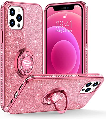 OCYCLONE Funda para iPhone 12 Pro MAX, Glitter Cristal Diamante Brillante y Soporte de Anillo para Niñas y Mujeres, Funda para Teléfono con Purpurina para iPhone 12 Pro MAX de 6.7 Pulgadas - Oro Rosa
