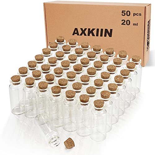 AXKIIN Botes Cristal Pequeños 50pcs 20ml Mini Botellas de Cristal con Corcho para Manualidades Decoraciones de Boda Accesorios de Almacenamiento