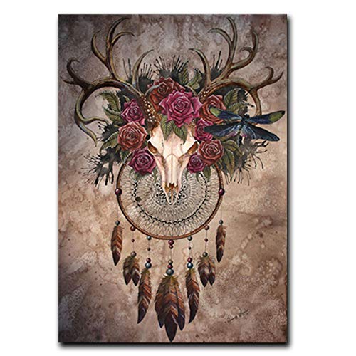 Obra de arte Bohemian Deer Skull Poster Art Prints Canvas Panitng Animal Skull With Flower Wall Pictures para la decoración de la sala de estar 70x117cm (28x46in) Sin marco