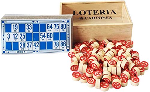 ELAELA Caja con Lotería de Madera y 48 Cartones y 90 fichas de 2 Caras.