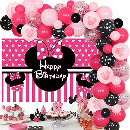 Suministros temáticos fiesta de cumpleaños Minnie, kit guirnalda de globos rosa roja y negra con telón fondo de Minnie para niñas 1º 2º 6 meses decoración fiesta de cumpleaños