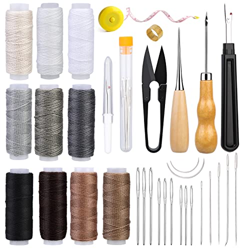 Ruasol Kit de reparación de relleno de PCS, kit de costura de cuero, herramientas de artesanía de cuero con codo AWL, rosca de costura, costura de cuero costura de aguja para principiantes