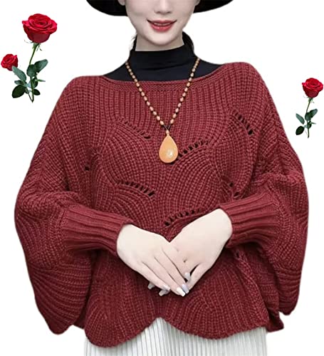2023 New Bat Sleeve Knitting Shawl, Women's Elegant Knitted Shawl, Crewneck Knit Hollow Pullover Sweaters Gifts for Women Mom (Color : Red)