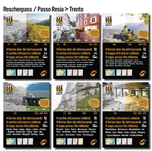 Reschenpass hasta Trento 12-17/30 en la Vía Claudia Augusta - 3 mapas históricos cada uno + 1 actual lleno de consejos de excursiones y experiencias de vacaciones - 