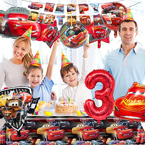 Decoración Cumpleaños Cars 3 años,Car Temáticos de Fiesta de Cumpleaños Globos,Cars Aluminio Globos, con pancarta de feliz cumpleaños y manteles de tema,para Decoración de Cumpleaños Fiesta